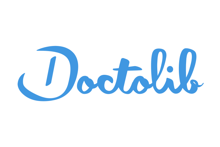 Blaues Doctolib-Logo auf schwarzem Hintergrund